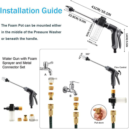 Aquoxis Pressure Washer – 15X More Powerful Than Hoses, Aquoxis Spray Nozzle, with 360° Rotating for Three Spray Modes, Easy Installation, Universal Compatibility (with Foam Pot + 3 Metal Connector)