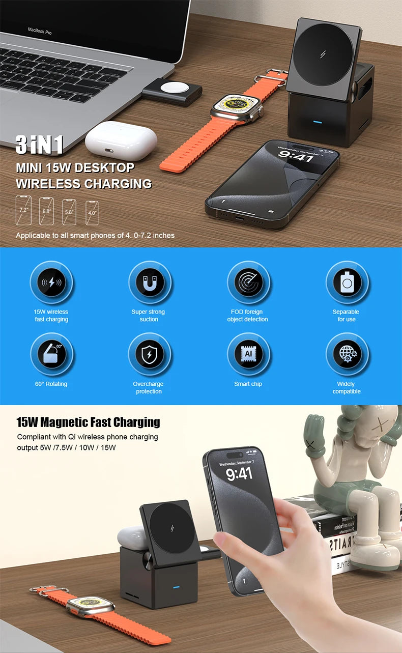 Mag-Cube™ 3-in-1 Magnetic Wireless Charging Station - iPhone, Watch, AirPods