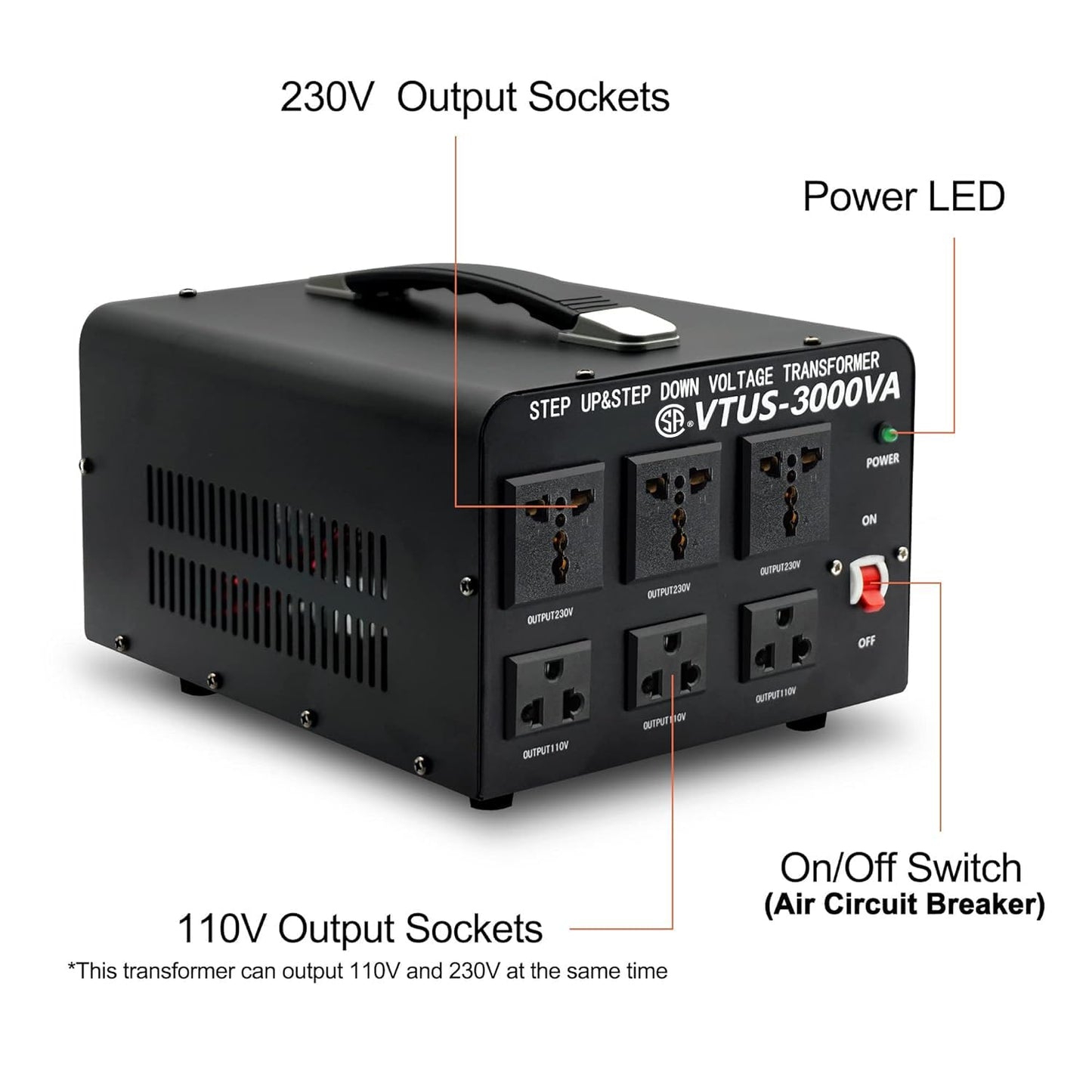 Cantonape Voltage Transformer Converter 3000 Watt Step Up/Down Convert from 110-120 Volt to 220-240 Volt and from 220-240 Volt to 110-120 Volt with 3 US Outlets, 3 Universal Outlets