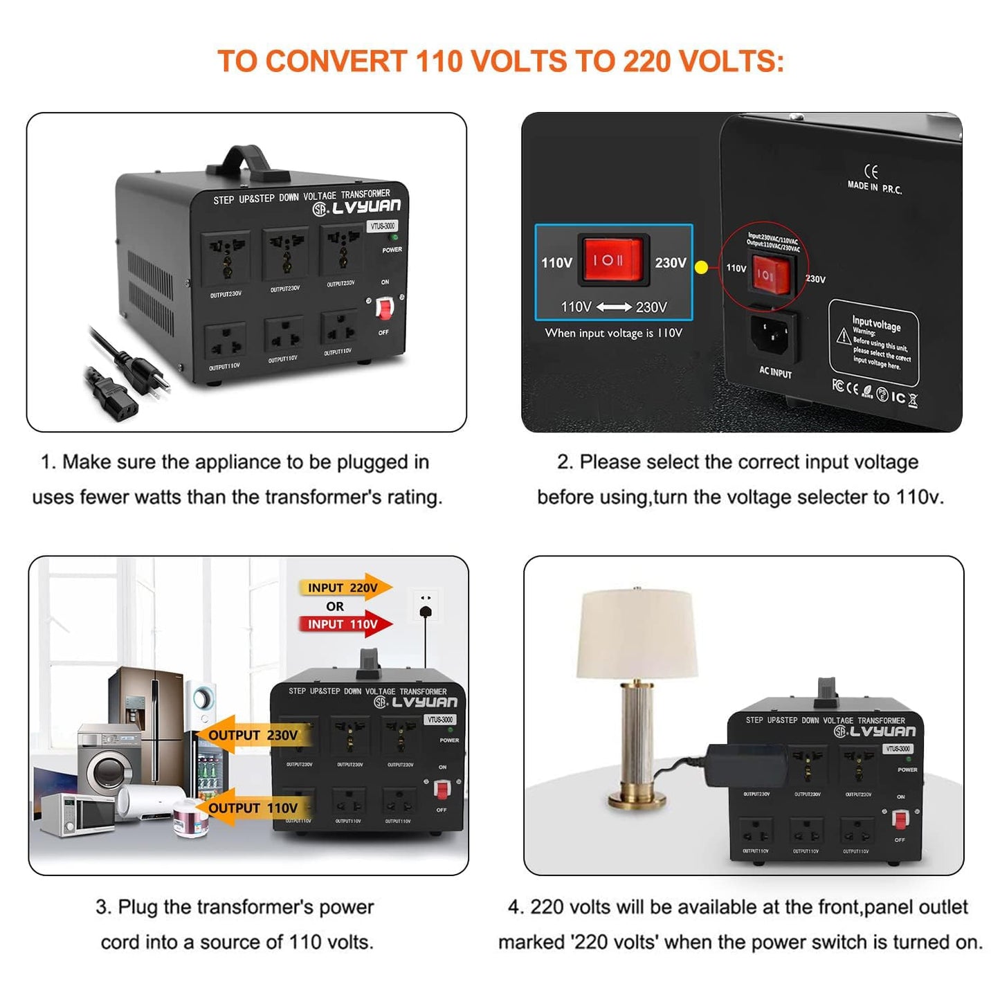 Cantonape Voltage Transformer Converter 3000 Watt Step Up/Down Convert from 110-120 Volt to 220-240 Volt and from 220-240 Volt to 110-120 Volt with 3 US Outlets, 3 Universal Outlets