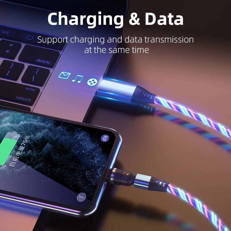 360 540 Degree Rotate Luminous Flowing Light USB Type C Magnetic Data Cable for Mobile Phone Charger