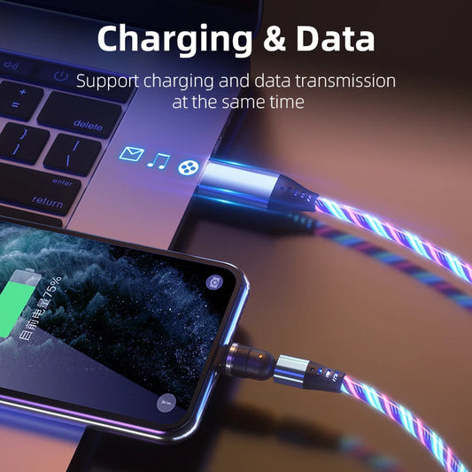 360 540 Degree Rotate Luminous Flowing Light USB Type C Magnetic Data Cable for Mobile Phone Charger