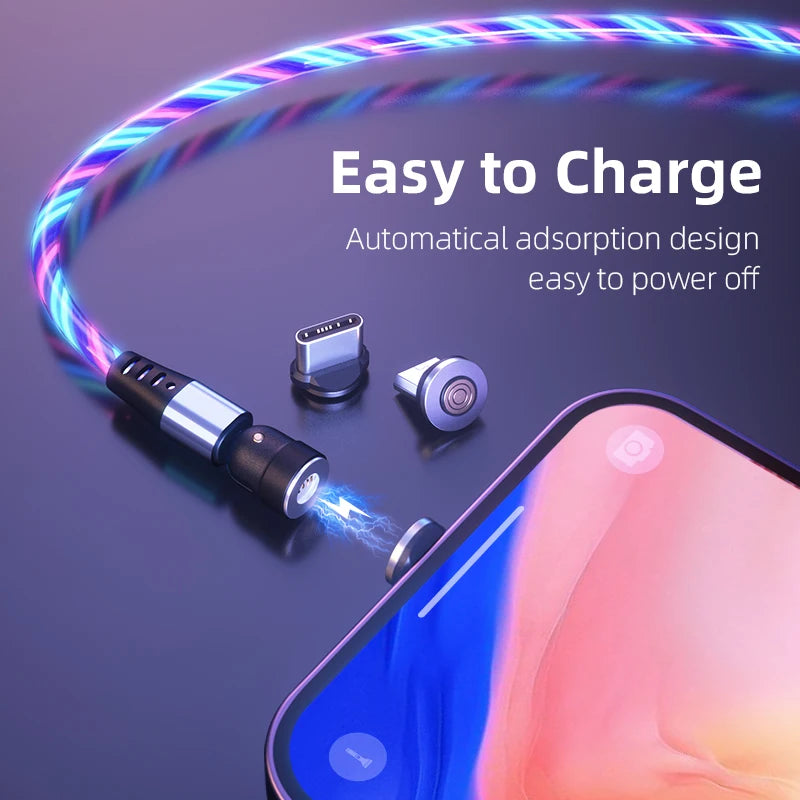 360 540 Degree Rotate Luminous Flowing Light USB Type C Magnetic Data Cable for Mobile Phone Charger