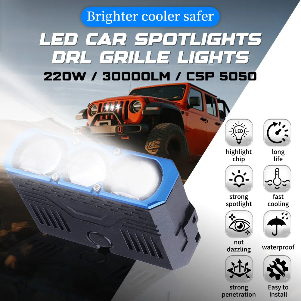 Car Spotlights Led Grille Lights with DRL Dual Fans Driving Fog Work Light External Auxiliary Light Off-road Vehicle Truck