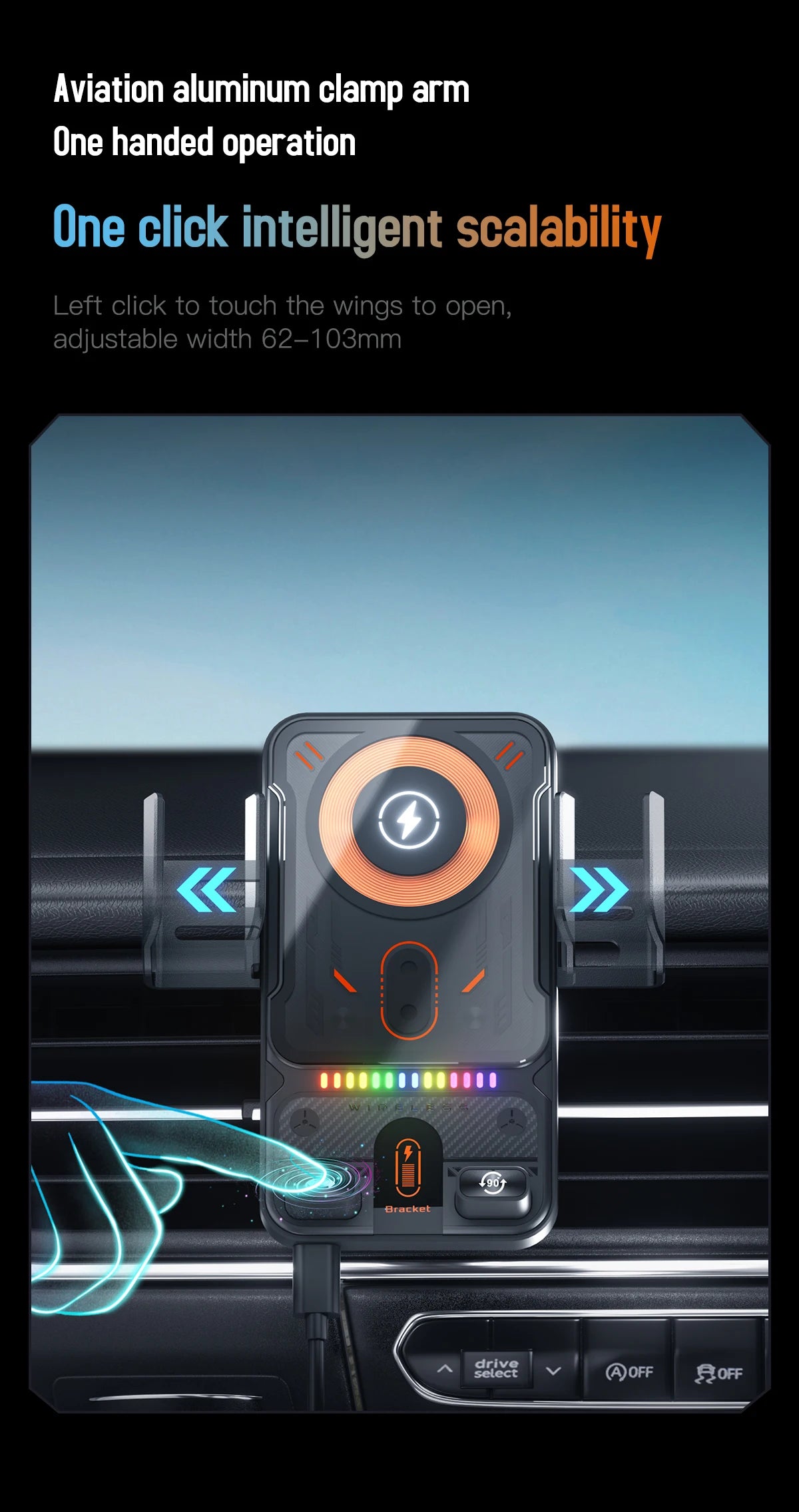 2026 NEW Design Double Motor 90 Degree Automatic Rotation 15W Fast Charging Car Holder Mount Auto-sensing with Atmosphere Light