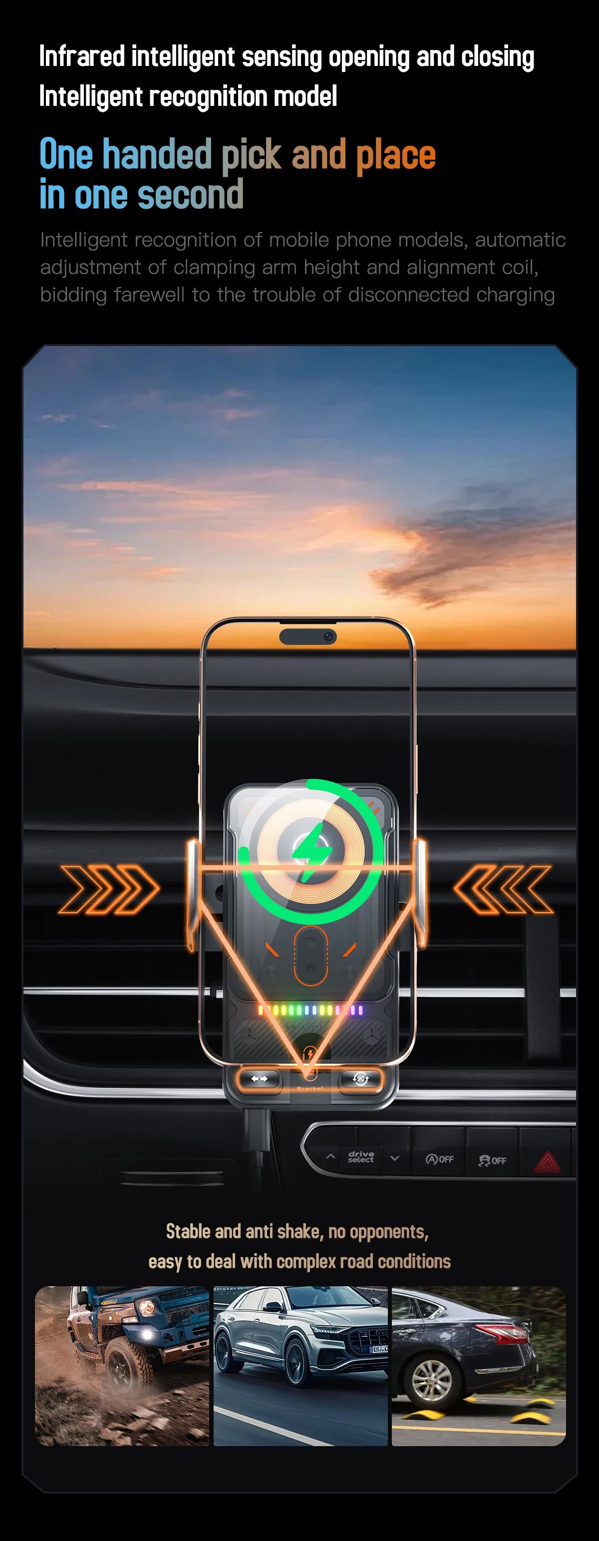 2026 NEW Design Double Motor 90 Degree Automatic Rotation 15W Fast Charging Car Holder Mount Auto-sensing with Atmosphere Light