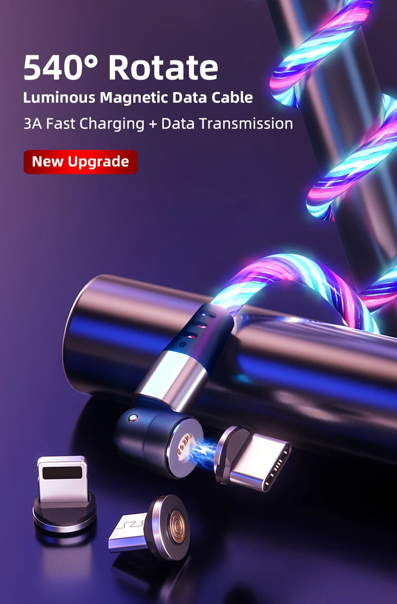 360 540 Degree Rotate Luminous Flowing Light USB Type C Magnetic Data Cable for Mobile Phone Charger