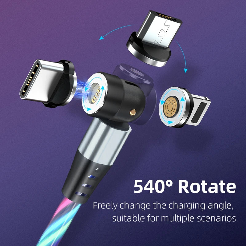 360 540 Degree Rotate Luminous Flowing Light USB Type C Magnetic Data Cable for Mobile Phone Charger