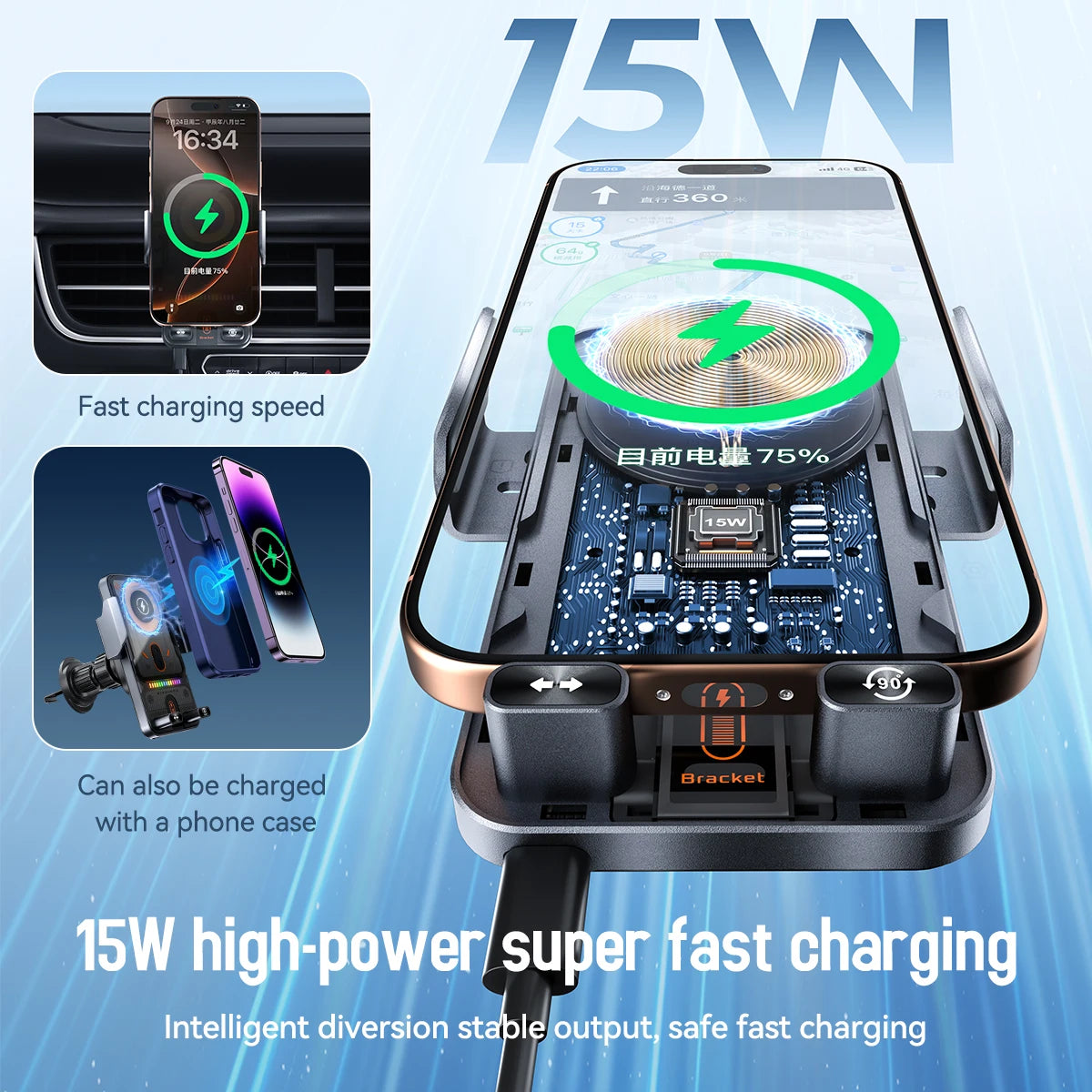 2026 NEW Design Double Motor 90 Degree Automatic Rotation 15W Fast Charging Car Holder Mount Auto-sensing with Atmosphere Light