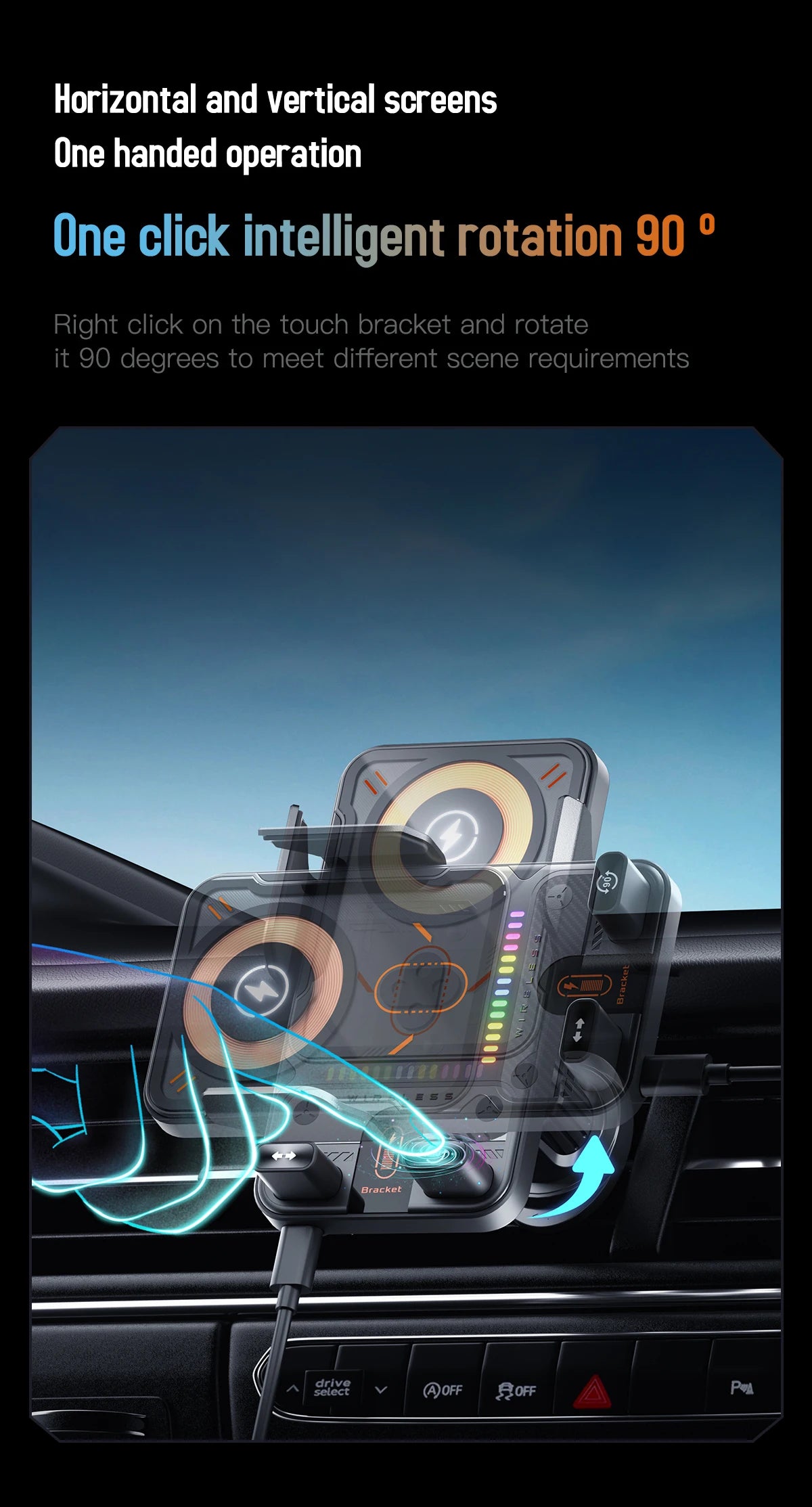 2026 NEW Design Double Motor 90 Degree Automatic Rotation 15W Fast Charging Car Holder Mount Auto-sensing with Atmosphere Light
