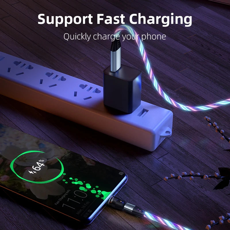 360 540 Degree Rotate Luminous Flowing Light USB Type C Magnetic Data Cable for Mobile Phone Charger