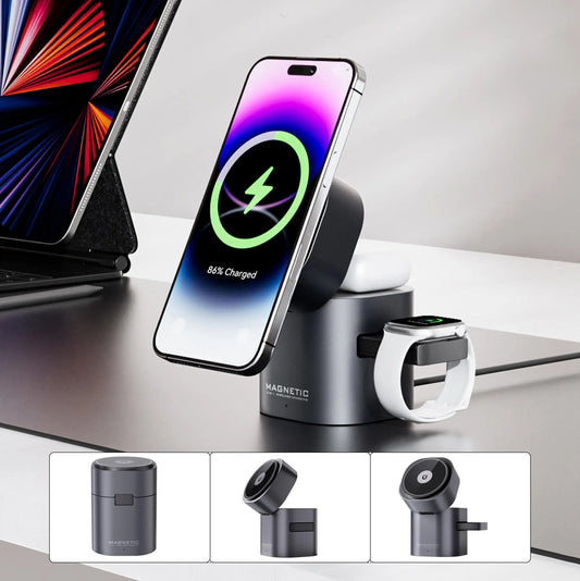 Auto-Folding Magnetic Charging Cube - 3-in-1 Wireless Fast Charger Station with LED Display for IPhone, Apple Watch